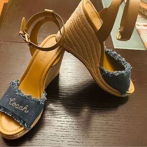 Coach Women's Blue and Tan Wedge Sandals